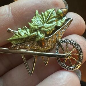 Goldtone and Silvertone Jeweled Gardening Wheelbarrow Brooch